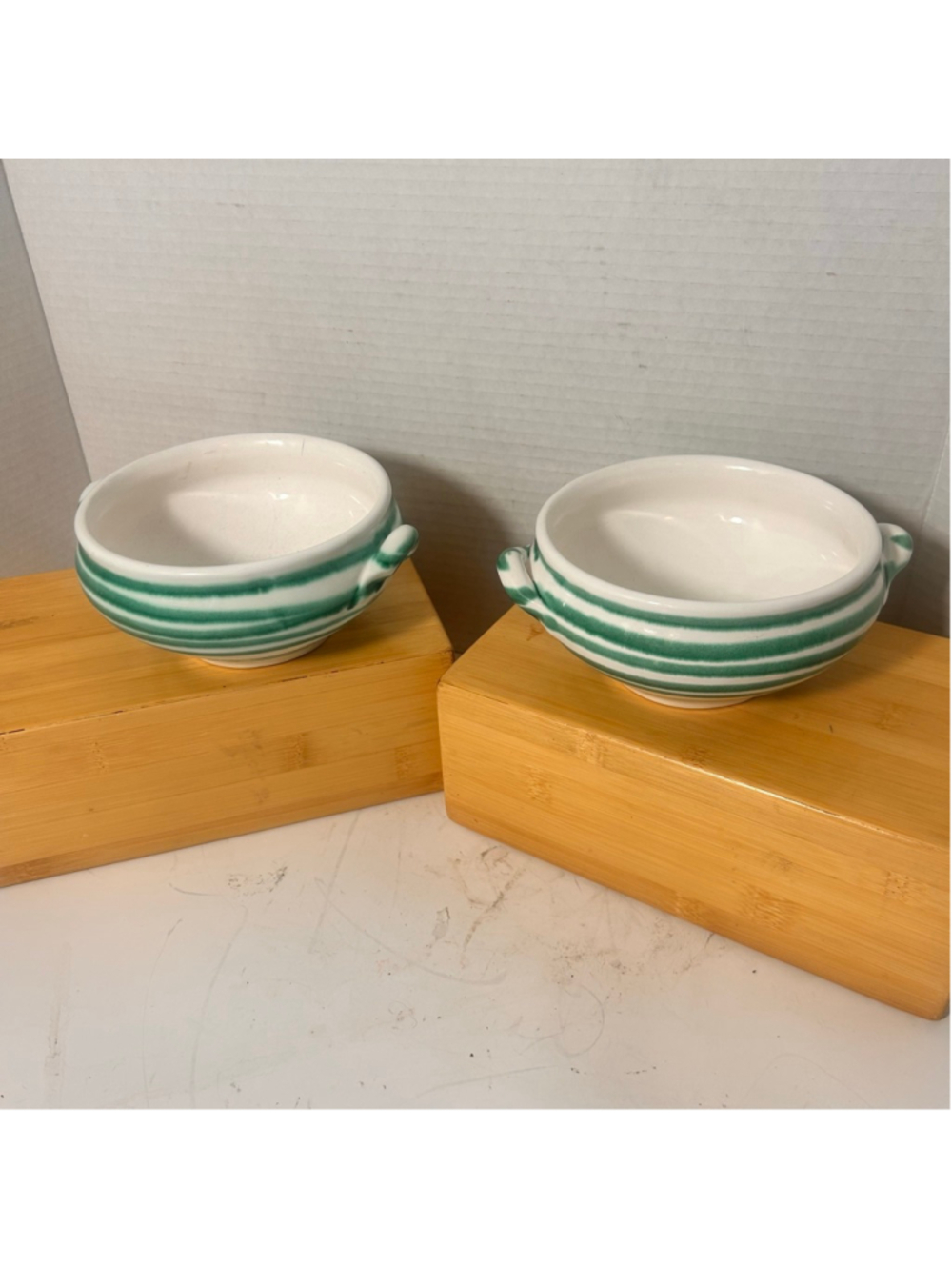 Gmundner Keramik White Green Dizzy Striped Cereal Soup Bowls Set 2 Ceramic